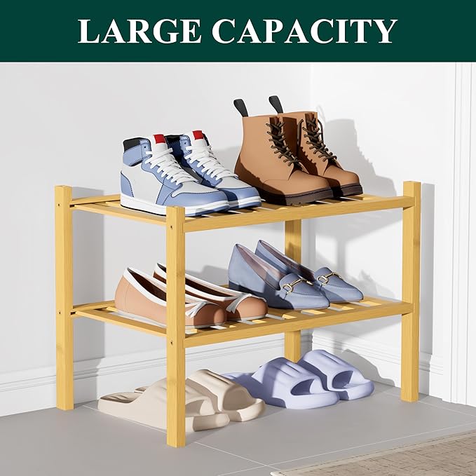 Smiry Bamboo Shoe Rack for Closet, 2 Tier Small Wooden Shoe Organizer, Stackable Wood Shoe Storage Shelf for Entryway, 14 Vertical Slats, One-piece Heavy-Duty Legs, 17.32"x11.02"x12.99", Natural