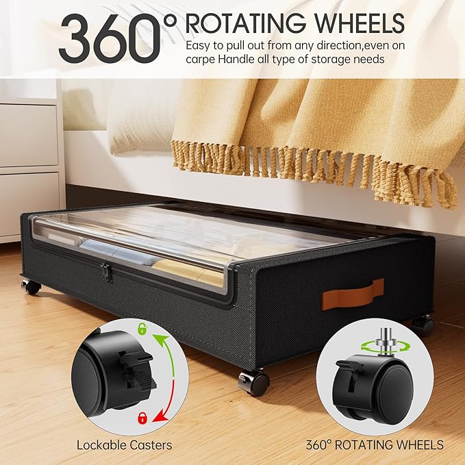 Yecaye 60 L Under Bed Storage with Wheels, 2 Pack Under Bed Storage Containers, Underbed Shoe Storage with Clear Window & Label, Rolling Under Bed Metal Drawer for Clothes, Shoes, Books, Black