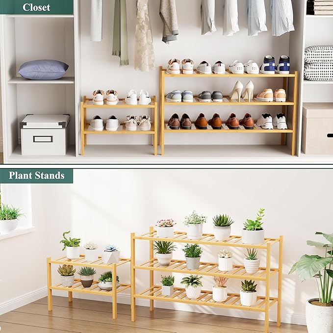 Smiry Small Bamboo Shoe Rack, 3 Tier Free Standing Wooden Shoe Organizer, Stackable Wood Shoe Storage Shelf for Closet, Entryway, 12 Vertical Slats, 2+1 Stack Standard Legs, 17.3"x11"x19.5", Natural
