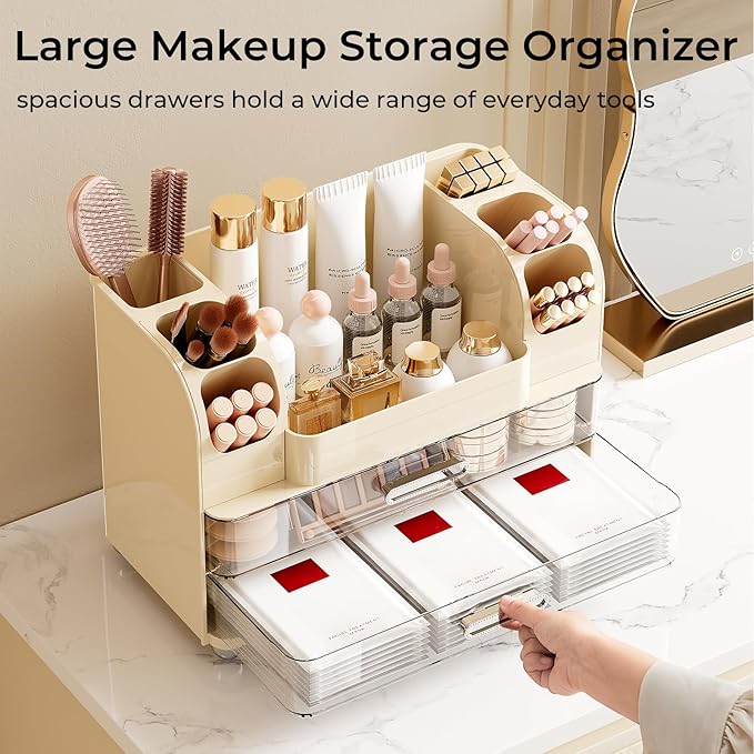 UFORU Makeup Organizer for Vanity with 2 Large Drawers, Cosmetic Display Case with Brush Holders, Easy to Storage for Bathroom Countertop Skincare, Perfume, Cream White
