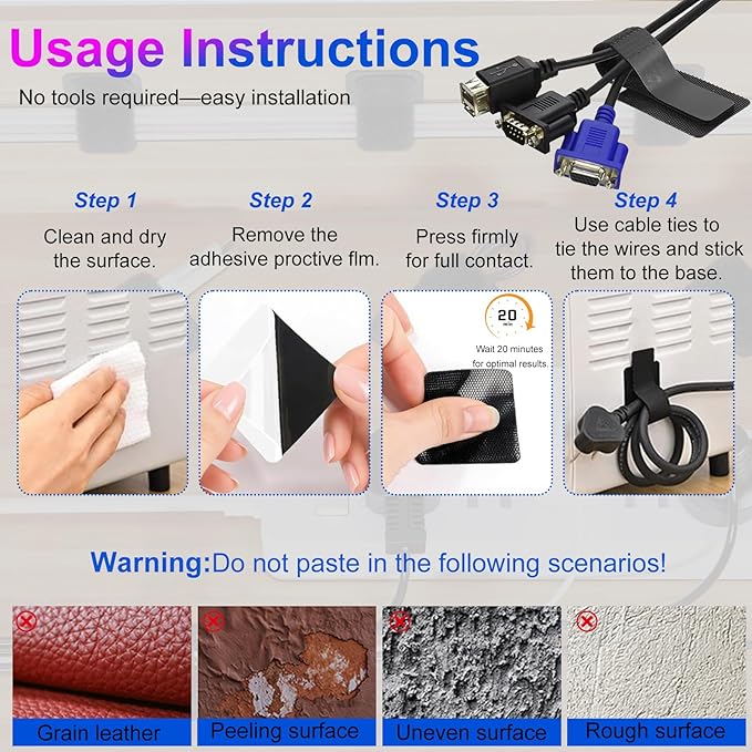 40 Set Cable Management Under Desk, Hook and Loop Cable Ties, Adhesive Strips for Cord Management Hider, Cord Organizer Clips, Computer Accessories for Desk Organization, Home Office Essentials