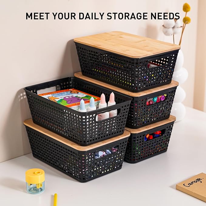 Storage Bins with Lids 8 Packs, Plastic Storage Bins with Bamboo Lids for Pantry Organization and Storage Containers for Shelves Drawers Desktop Closet Playroom Classroom Office Home, Black