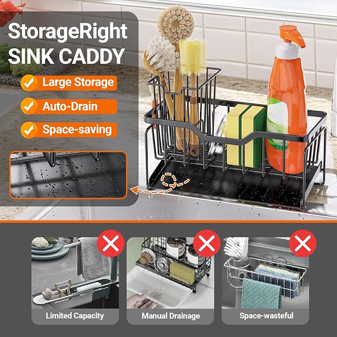 Kitchen Sink Caddy Organizer, Rustproof Sponge Holder for Kitchen Sink, Black