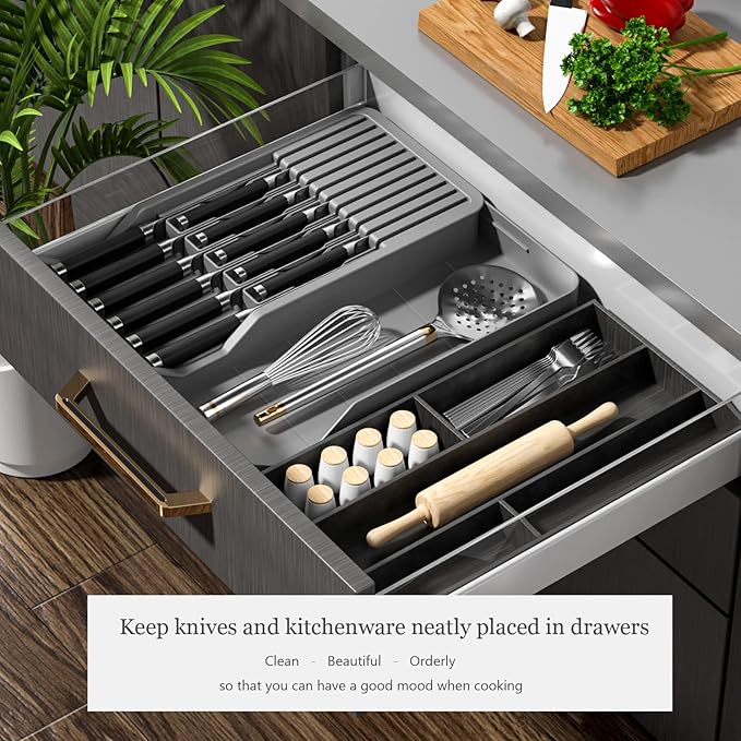 Expandable Drawer Knife Insert Organizer - Plastic Knife Storage Tray for Kitchen Drawers, Adjustable to Fit 11 Knives, BPA-Free, Ventilated, Space-Saving, Easy to Clean
