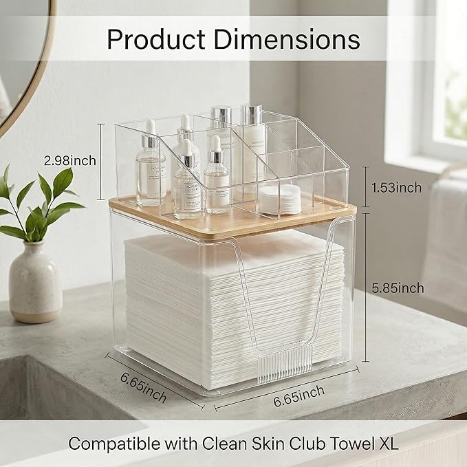Disposable Facial Towels Holder with Bamboo Lid, 2 in 1 Facial Towels Storage Box and Cosmetics Organizer, Clear Acrylic Box Stackable Vanity Organizer Compatible with Clean Skin Club Towel XL