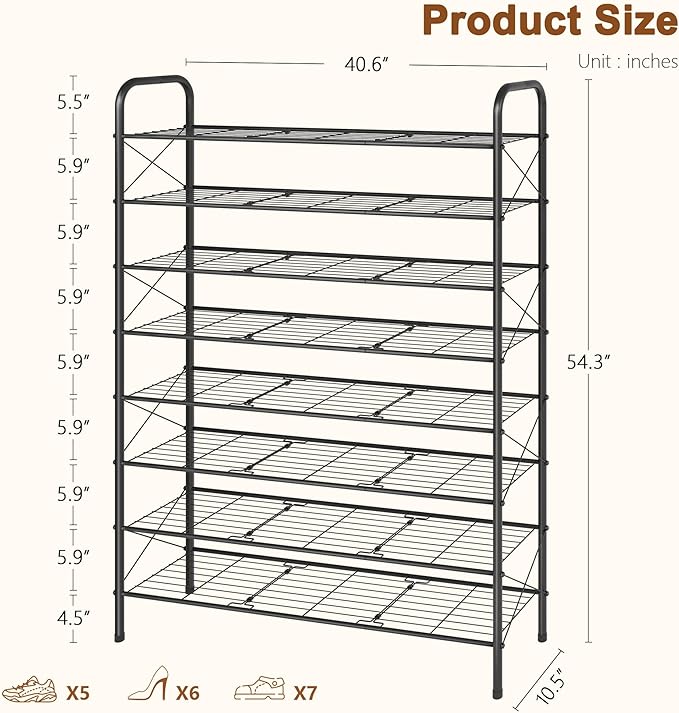 Hoctieon 8 Tier Shoe Rack for Closet, Durable Mesh Style Shoe Rack, Entryway Shoe Shelf, Shoe Storage Organizer for Hallway, Bedroom, Living Room, Wardrobe, Black