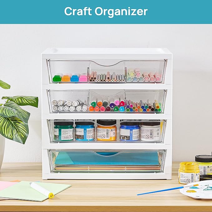 Clear Desk Organizer, 4-Tier Assemble Desktop File Organizer with Drawers
