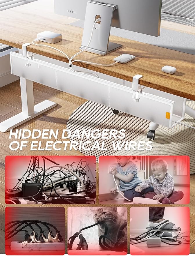 Under Desk Cable Management Tray No Drill, Cable Ties Included, Eco-Friendly Canvas Material, Mesh Design for Heat Dissipation, Cable Organizer/Storage for Standing Desk(39inch, White)