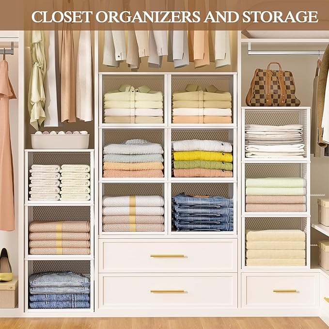 3 Pack Stackable Closet Organizers and Storage Basket, Closet Shelves with Wood Top Extra Storage, Multifunctional Clothes Organizer Bins/Cube Storage Drawer for Wardrobe Kitchen Laundry Room, White