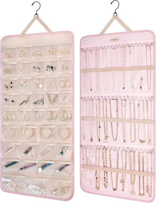 BAGSMART Hanging Jewelry Organizer Storage Roll with Hanger Metal Hooks Double-Sided Jewelry Holder for Earrings, Necklaces, Rings on Closet, Wall, Door, 1 piece, Extra Large, Pink