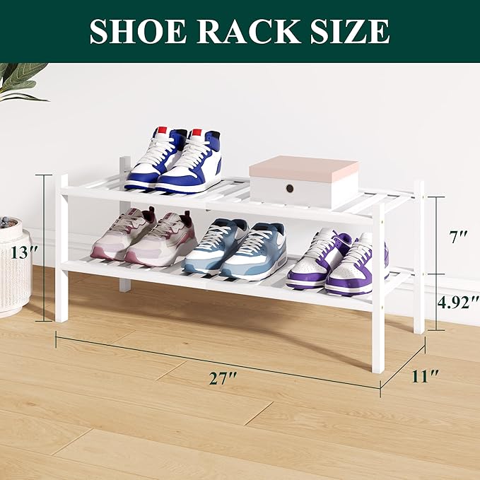 Smiry Bamboo Shoe Rack for Closet, 2 Tier Wooden Shoe Organizer, Stackable Wood Shoe Storage Shelf for Entryway, 14 Vertical Slats, One-piece Heavy-Duty Legs, 26.77"x11.02"x12.99", White