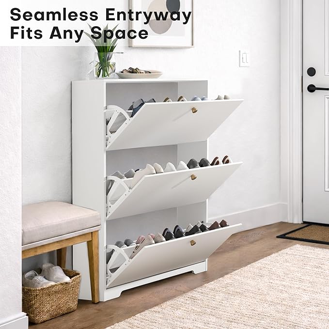 Nicetree Shoe Cabinet with 3 Flip Drawers, Narrow Shoe Organizer Cabinet, Freestanding Shoe Rack Cabinet, Modern Shoe Storage Cabinet for Entryway, Hallway, Foyer, White with Hook