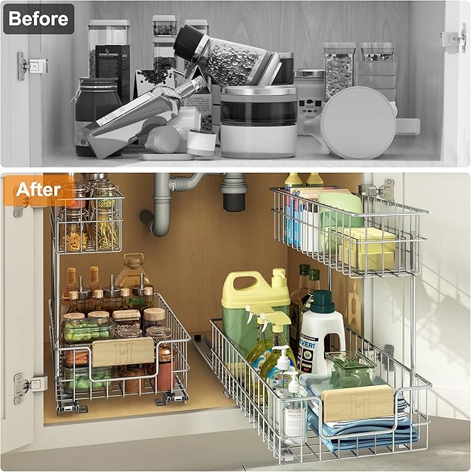 Pull Out Cabinet Organizer, Under Sink Slide Out Storage Shelf with 2 Tier Sliding Wire Drawer, Sliding Storage for Inside Kitchen Cabinet- 11.5 in. W x 21.5 in. D (Right)