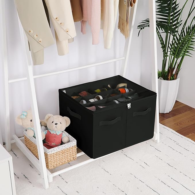 TOPIA HOME Shoe Organizer for Closet, Foldable Shoe Box with Adjustable Dividers and Clear Cover, Space Saving Shoe Storage Organizer Cabinet with Reinforced Handles, Fits 16 Pairs, Black, TP09B