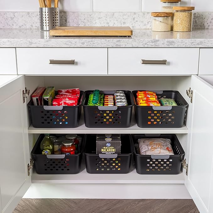 IRIS USA Plastic Storage Baskets, 6-Pack, Made in USA, Shelf Baskets Small Baskets Organizing Bins for Pantry Countertops Closet Shelves Laundry Room Office, Multi-Purpose, Nestable, Easy Carry, Black