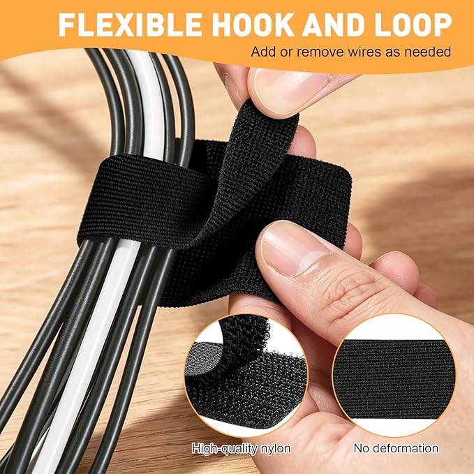 200pcs Hook and Loop Cable Straps,Under Desk Cable Management,Adjustable Cord Organizer for Desk Home Office Organization (Black)