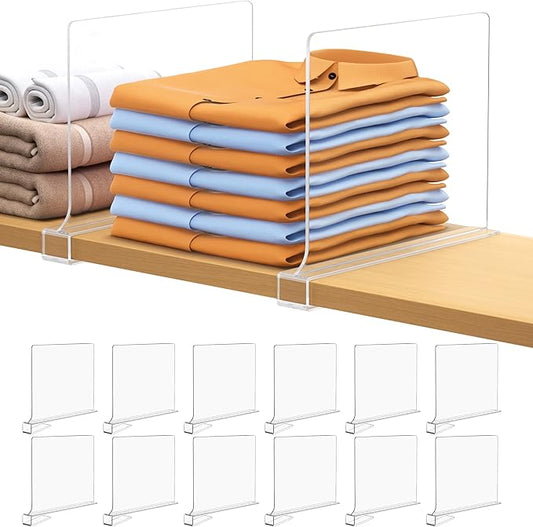 12 PCS Shelf Dividers for Closet Organization Acrylic Clear Closet Shelf Divider for Wooden Shelving Suitable for Wooden or Vertical Shelves Or Bedroom, Kitchen and Office