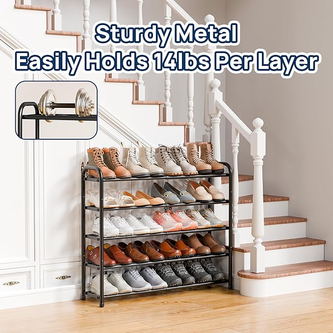 ENJOYBASICS 5 Tier Expandable Shoe Rack for Closet, Free Standing Metal Shoe Shelf Storage Organizer Holder 20 Pairs, Adjustable Width Shoe Rack for Entryway Small Space, Black