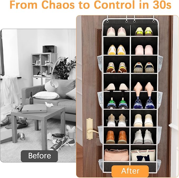 Yecaye 16-24 Pairs Over the Door Shoe Organizer, Large Capacity Hanging Shoe Rack for Door Hanger with Deep Pockets, 8 Tier Shoe Holder for Sneakers Boots Heels College Dorm Essentials, Black