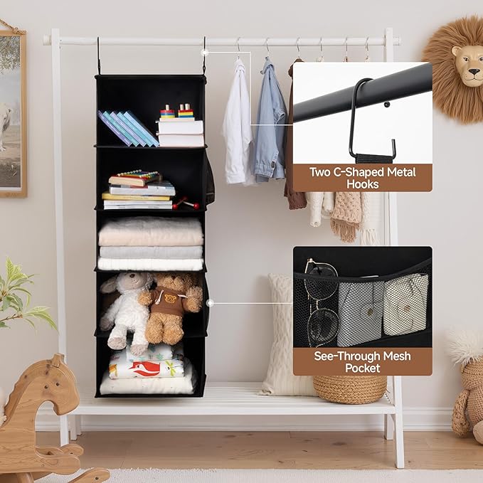 StorageWorks Hanging Closet Organizer, 5-Shelf Hanging Shelves with 2 Hooks, Foldable Space-Saving Design, Closet Organizers and Storage for Bedroom, Dorm, Locker, Black