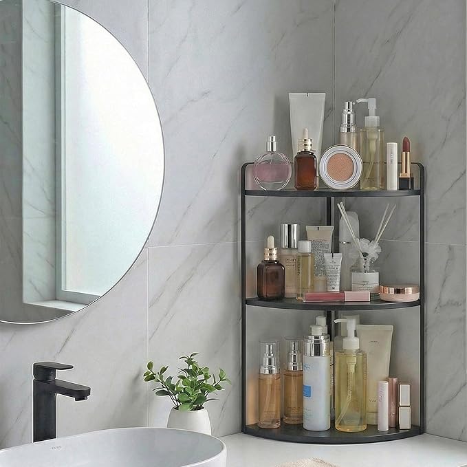 3 Tier Corner Bathroom Counter Organizer, Countertop Organizer, Makeup Organizer Countertop, Bathroom Storage Sink Shelf, Wooden and Metal Counter Shelf (Large Capacity-Black)