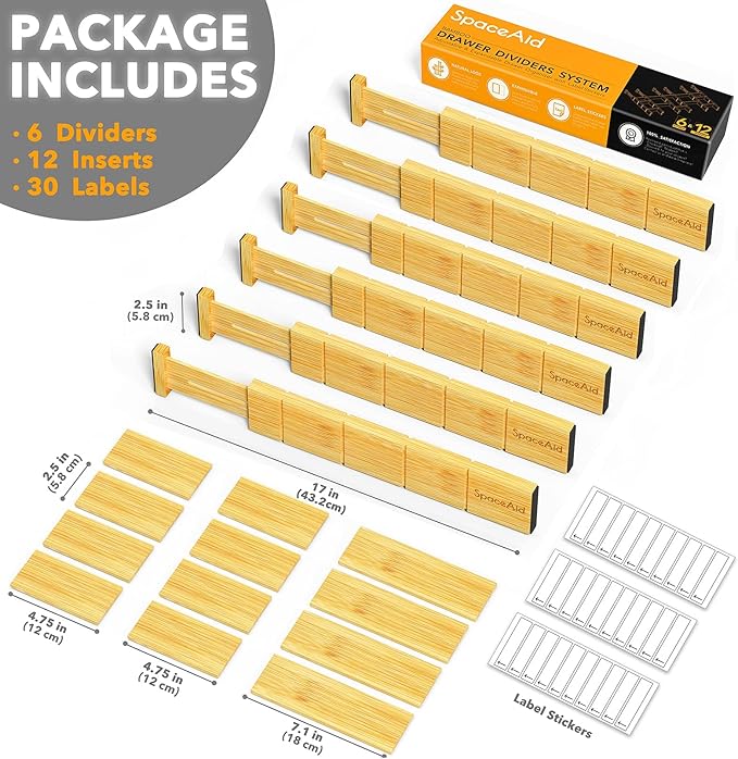 Bamboo Drawer Dividers with Inserts and Labels, 13.25-17 in