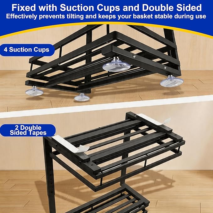 Under Sink Organizer, Dual-Rail Ball-Bearing, Under Kitchen Sink Organizer, 6-Level Adjustable, Under Cabinet Organizer, No-Drill Adhesive/Suction, Under Sink Storage (Black, Double Layer - 2 Pack)