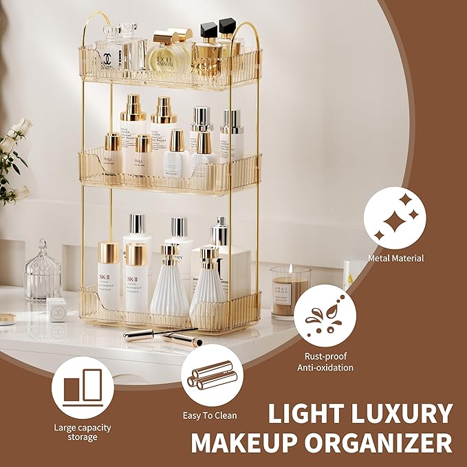 Akinbas 3 Tier Bathroom Organizer Countertop Makeup Perfume Tray Skincare Organizer for Bathroom Dresser Vanity (Gold)