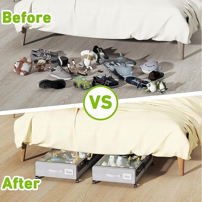 Tututry Under Bed Storage with Wheels, XXL 60L Under the Bed Storage Bins, Underbed Storage Containers with Lids & Label, Rolling Metal Drawer for Shoes, Clothes, Books, Toys (2-Pack Gray)