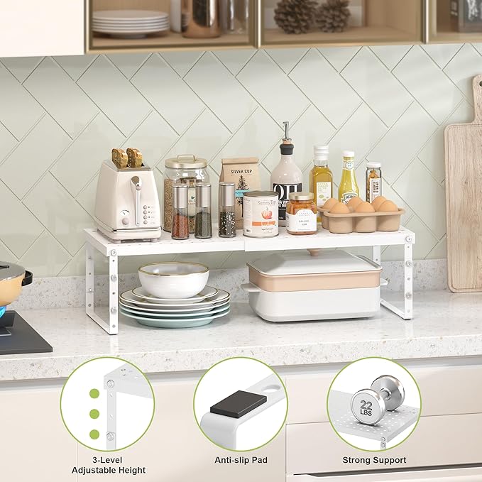 RUILALIFE Expandable Cabinet Organizer Shelf With Adjustable Height, Stackable Kitchen Countertop Organizer Rack, Adjustable Shelf Riser For Kitchen Counter, Pantry, Cupboard, Desk, Tabletop