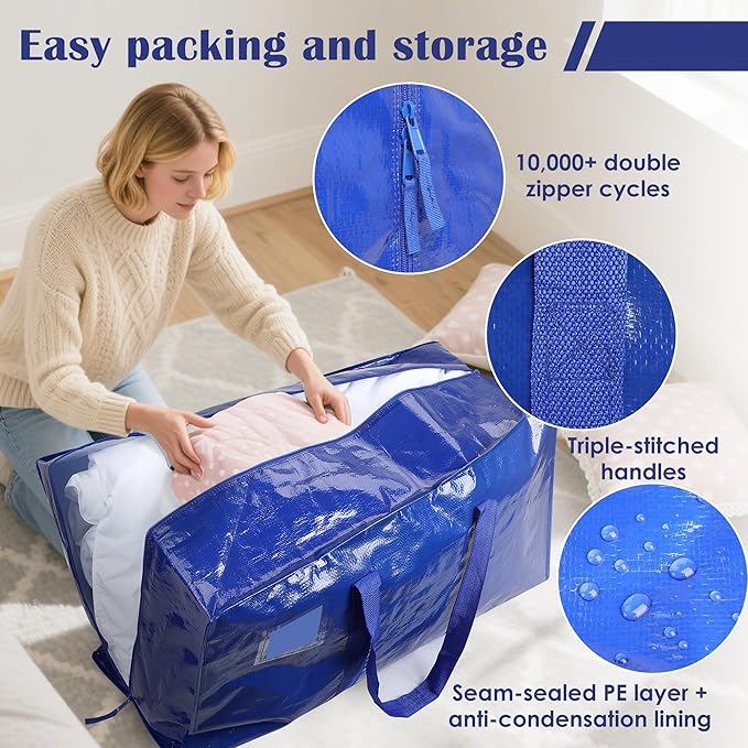 12 Pack Moving Bags with Full-Open Side Zipper, Extra Large 93L Heavy Duty Waterproof Foldable Storage Totes for College Dorm, Moving & Home Organization Blue