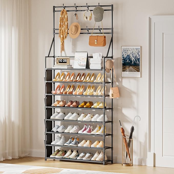 OYREL Shoe Rack 8 Tier Large Shoe Organizer Storage 32-40 Pairs Metal Shoe Storage Rack with Hooks and Side Pocket for Entrance Entryway Closet Shoe Shelf Holder