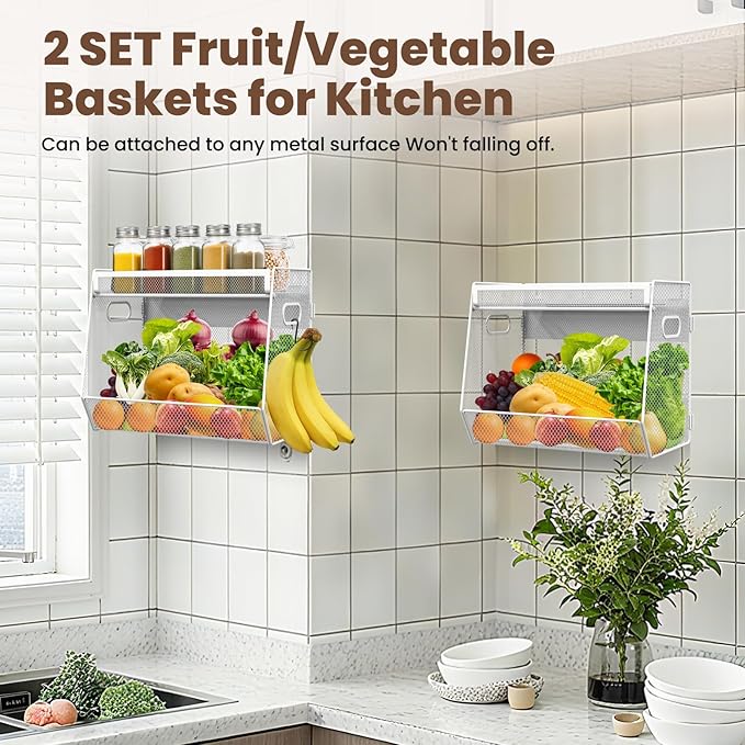 1 SET Magnetic Shelf for Fridge with Lid, Fruit Potato and Onion Storage Bins, Pantry Organizers and Storage, Large Container Magnetic Spice Rack for Refrigerator, Kitchen Counter & Cabinet
