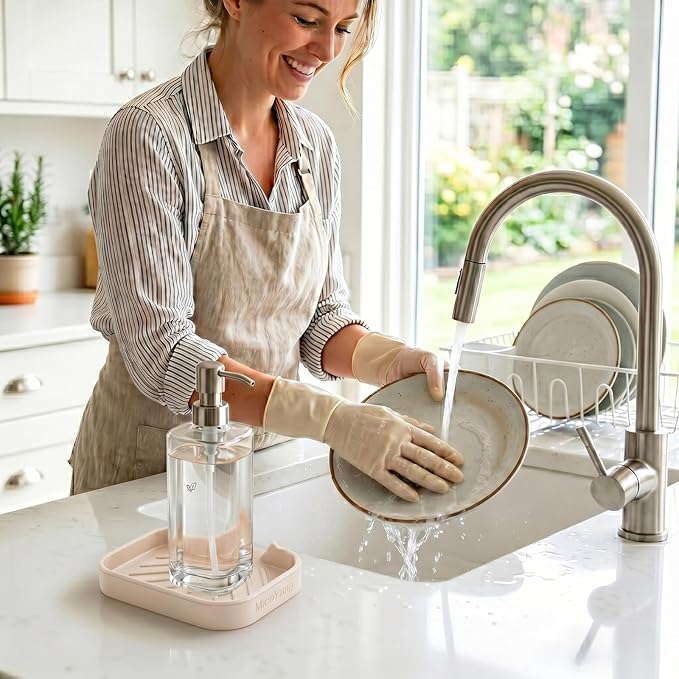 MicoYang Silicone Soap Dish with Drain Spout — Self-Draining Sink Organizer Tray for Bathroom & Kitchen, Holds Bar Soap, Sponges & Dispensers, Non-Slip & Dishwasher Safe, Tapioca (Small, 4.9"×3.2")