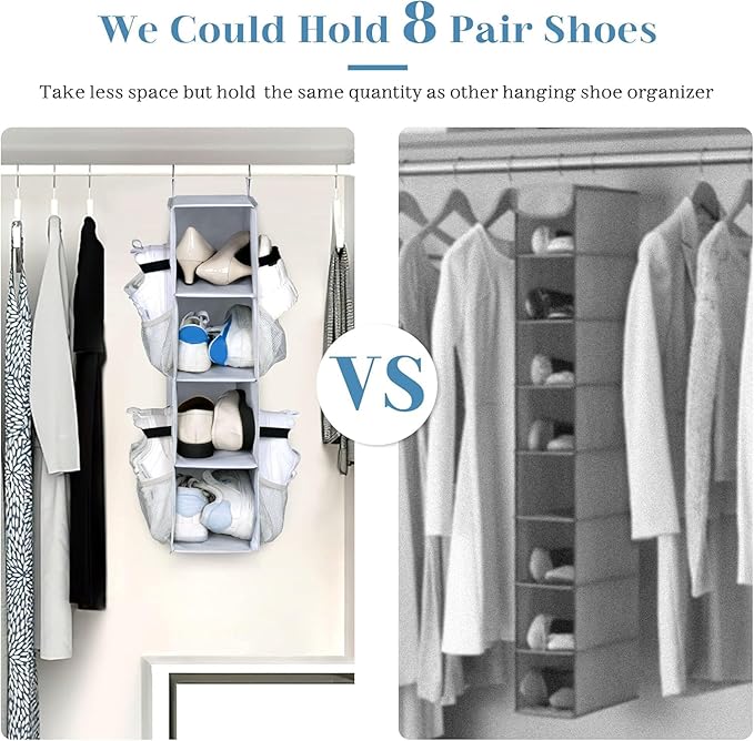 SLEEPING LAMB Short Hanging Shoe Organizer for Closet Storage with Mesh Side Pockets Holds 8 Pairs, Hanging Shoe Rack Hanger RV, Camper, Grey