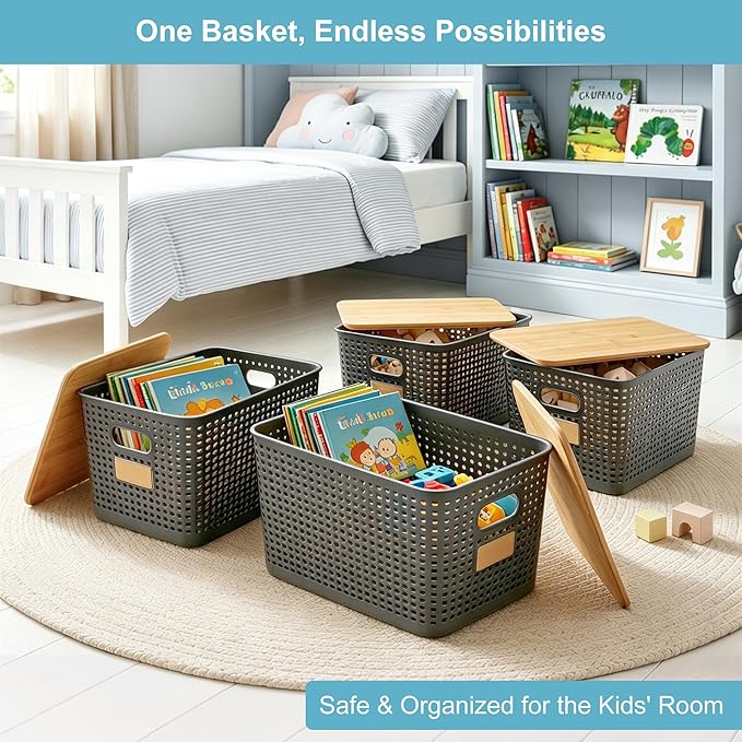 2 Pack Tall Plastic Storage Bins with Bamboo Lids, Gray