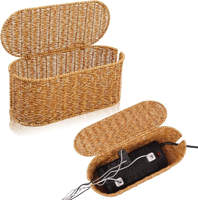 Cable Management Box, Handmade Rattan Cable Organizer, Natural