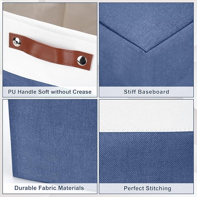 Bagnizer Large Fabric Storage Baskets | 50L Storage Bins, Decorative Linen Closet Baskets with Handles for Organizing, Shelf, Toys, Clothes, Home, Office, Nursery, 17x12x15Inches (Navyblue&White)