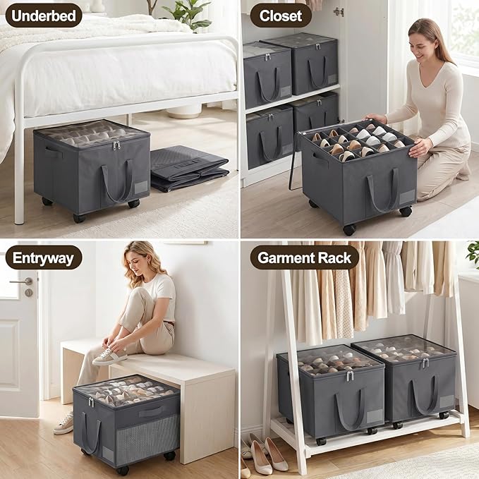 Large Shoe Organizer for Closet, Adjustable Dividers Shoe Storage Box Bins with Wheels Clear Cover Reinforced Handle Side Pocket Fits up to 16 Pairs, Foldable Shoe Organizer for Entryway Grey