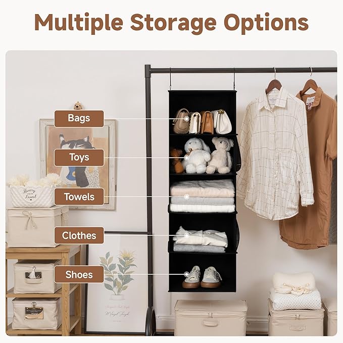 StorageWorks Hanging Closet Organizer, 5-Shelf Hanging Shelves with 2 Hooks, Foldable Space-Saving Design, Closet Organizers and Storage for Bedroom, Dorm, Locker, Black