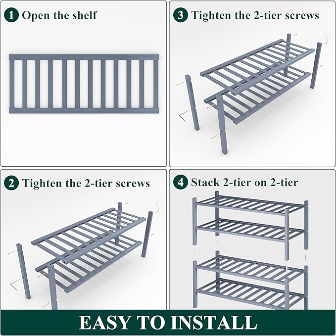 Smiry Bamboo Shoe Rack, 4 Tier Free Standing Wooden Shoe Organizer, Stackable Wood Shoe Storage Shelf for Closet, Entryway, 14 Vertical Slats, 2+2 Stack Heavy-Duty Legs, 26.8"x11"x26", Grey