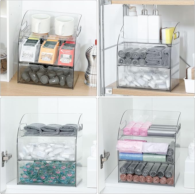 Clear Kitchen and Pantry Organizer with Drawer, Plastic Trash Bags and Dishwasher Pods Dispenser Holder Under Sink, Large Storage Container with Handle for Laundry and Bathroom