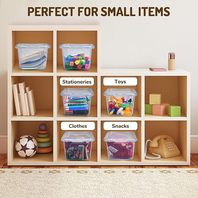 GAMENOTE 6 Quart Storage Bins with Lids, Plastic Latching Box for Classroom & Kids Toy Storage,Stackable Shoe Box Size Containers for STEM Morning Tubs, Crafts & Building Blocks (6, Clear)