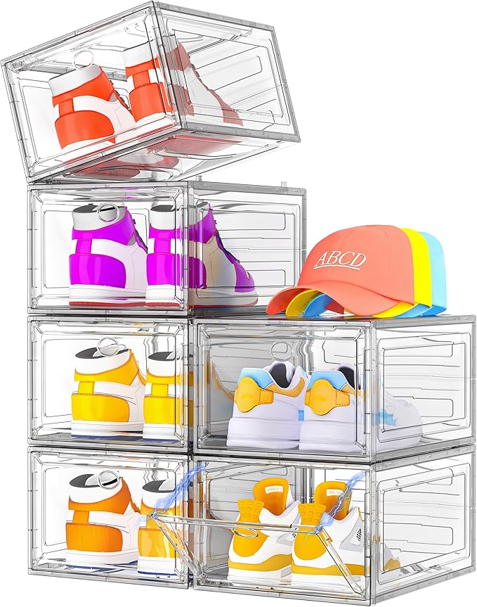 7 code Shoe Organizer, Clear Thickened Stackable Shoe Boxes with Magnetic Door