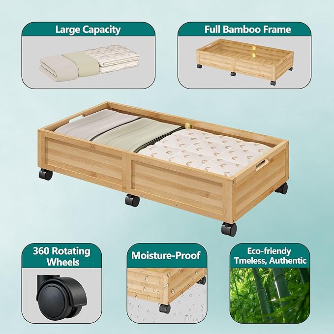 WISUCART Wood Under Bed Storage Containers Underbed Organizer with Wheels Sturdy Wood Rolling Under Bed Shoe Storage Organizer 2 Packs (Nature, Large)