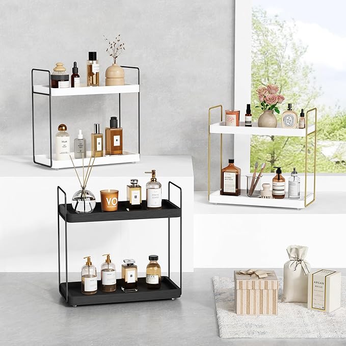 Forbena Black Bathroom Counter Organizer, Tiered Bathroom Organizer Countertop Tray, Corner Makeup Vanity Shelf Organizers and Storage for Men Perfume Skin Care Kitchen Sink Coffee Bar Station