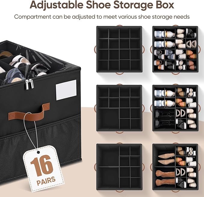 Shoe Organizer for Closet, 1 Pack Shoe Storage Container with Adjustable Dividers, Space Saving Shoe Box Storage Organizer Bin with Clear Lid and 4 Handles, Fits 8-16 Pairs, Pure Black