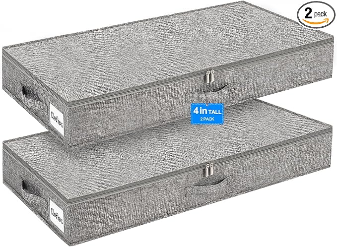 punemi 4 Inch Height Low Profile Under Bed Storage, Underbed Storage Containers With Sturdy Sidewalls & Bottom, Shallow Clothes Storage Bins, Slim Under Couch Sofa Dresser Storage, 2 Pack, Grey