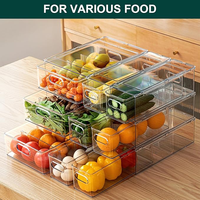 Fridge Drawers, 3-Pack Clear Stackable Pull Out Refrigerator Organizer Bins