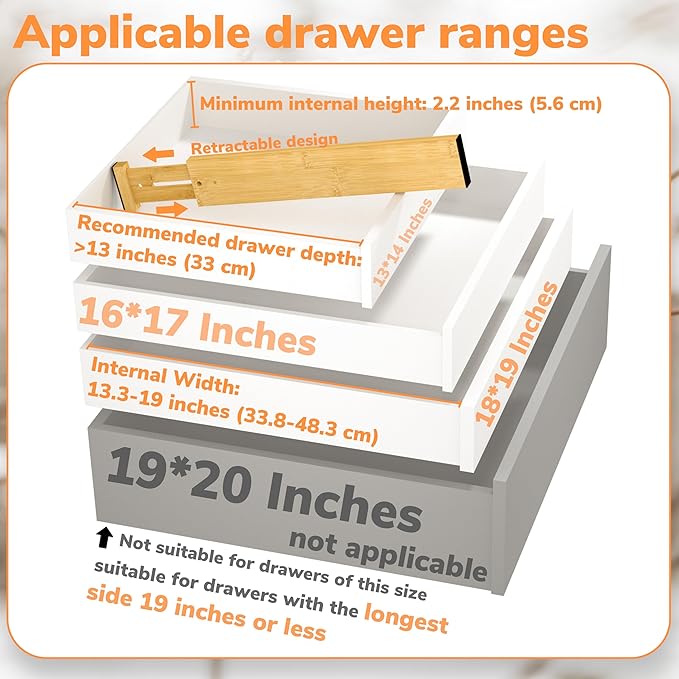 BAMEOS Drawer Divider,Expandable Bamboo Separators Adjustable Utensil Knife Fork Tool Kitchen Organizer, Clothes Fabric Drawer Organizer In Bathroom Bedroom Office, Cabinet Dresser Organizer 4-pack